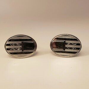 Vintage Men's Silvertone Oval Cufflinks Striped Stripe Scroll Flag